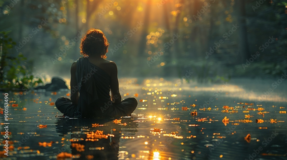 Person Meditating in Tranquil Nature with Sunlight and Reflections Person Meditating in Tranquil Nature with Sunlight and Reflections