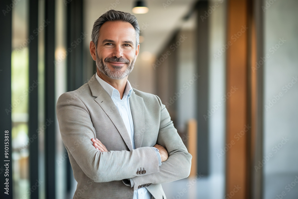 Smiling, confident businessman with arms crossed stands in a modern office corridor, showcasing professionalism and leadership.
Smiling, confident businessman with arms crossed stands in a modern office corridor, showcasing professionalism and leadership.