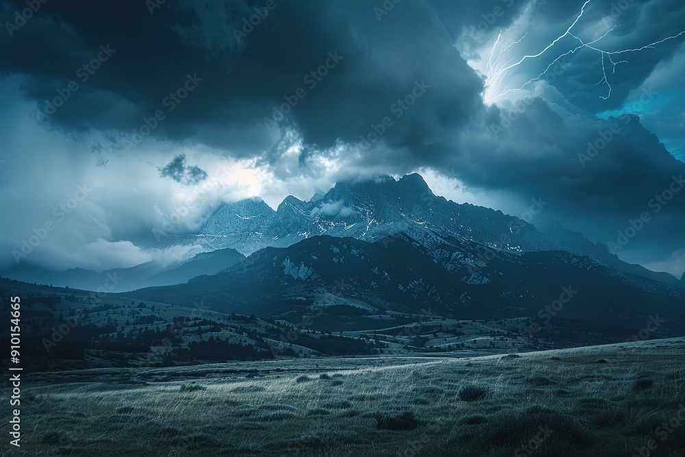mountain landscape with a storm rolling in, with dark clouds obscuring the peaks and lightning illuminating the sky, dramatic and powerful composition mountain landscape with a storm rolling in, with dark clouds obscuring the peaks and lightning illuminating the sky, dramatic and powerful composition