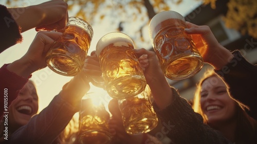 Oktoberfest festival toasting with beers. diverse friends cheering with beer steins view from below at biergarten at sunset photo