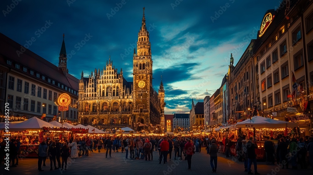 Fototapeta premium Oktoberfest festival view of the German city at night with market square lit with lights and crowd of people