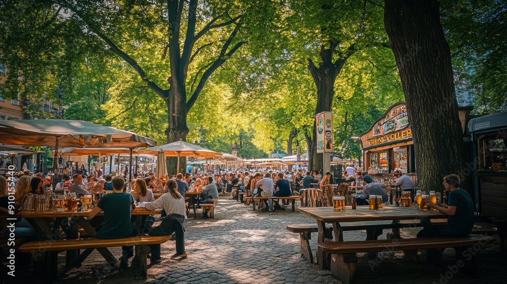 Obraz premium Oktoberfest festival venue biergarten in Munich filled with crowd of tourists. Mass tourism destination in Germany. 