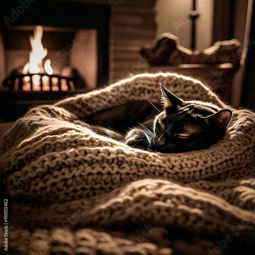 A cozy scene of a sleeping black cat curled up on a knitted blanket in front of a crackling fireplace, with soft ambient light and a feeling of warmth and comfort, during the evening, shot with a Fuji