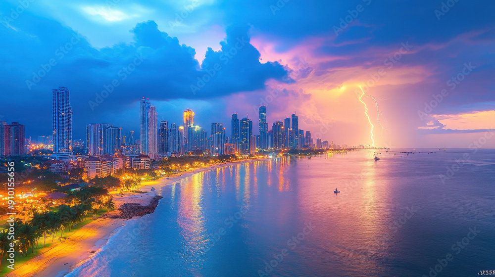 Fototapeta premium Thunderstorm, lightning strikes over cityscape