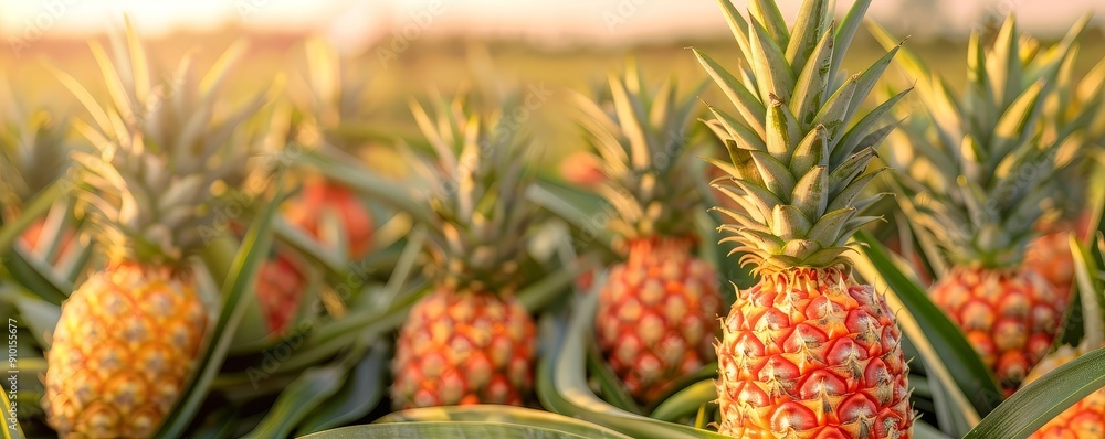 Pineapple plants with fruit, sunlit field Pineapple plants with fruit, sunlit field