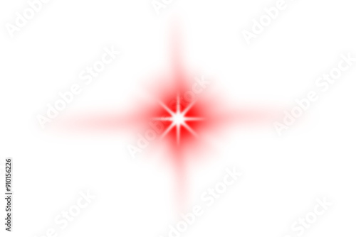 Realistic vector illustration of red star and sun in PNG format. Feature dynamic red flare with highlight, horizontal light line, and laser flash effect