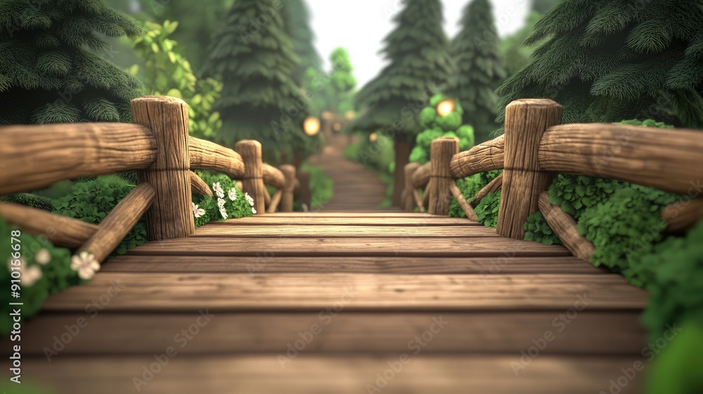 Whimsical wooden bridge in a cartoon forest, featuring detailed trees and a lively background. Whimsical wooden bridge in a cartoon forest, featuring detailed trees and a lively background.