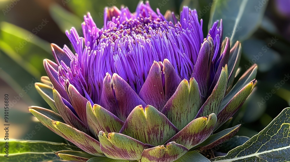 A vibrant purple artichoke flower displays its intricate petals while basking in the warm sunlight during early spring in a garden setting A vibrant purple artichoke flower displays its intricate petals while basking in the warm sunlight during early spring in a garden setting