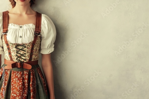 traditional Oktoberfest attire, featuring contemporary designs for dirndls and lederhosen, with a minimal backdrop, minimal fashion illustration with copy space photo