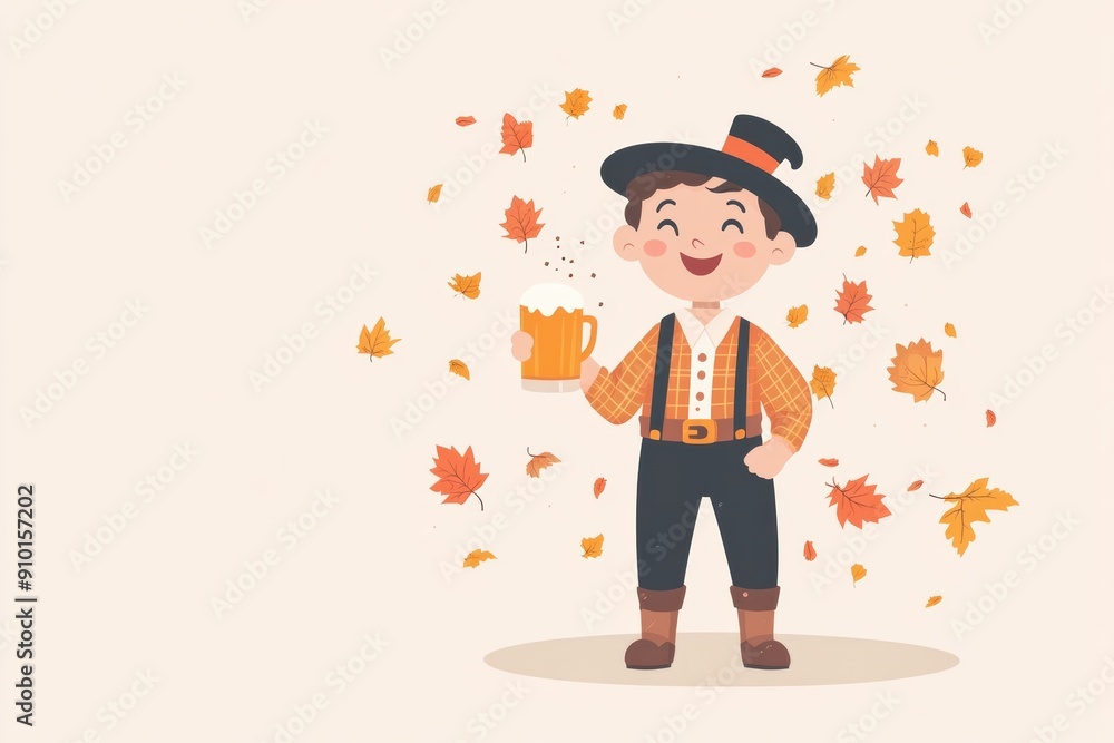Oktoberfest - cheerful Bavarian little boy character in lederhosen holding a beer mug, with festive autumn leaves, minimal flat illustration with copy space Oktoberfest - cheerful Bavarian little boy character in lederhosen holding a beer mug, with festive autumn leaves, minimal flat illustration with copy space