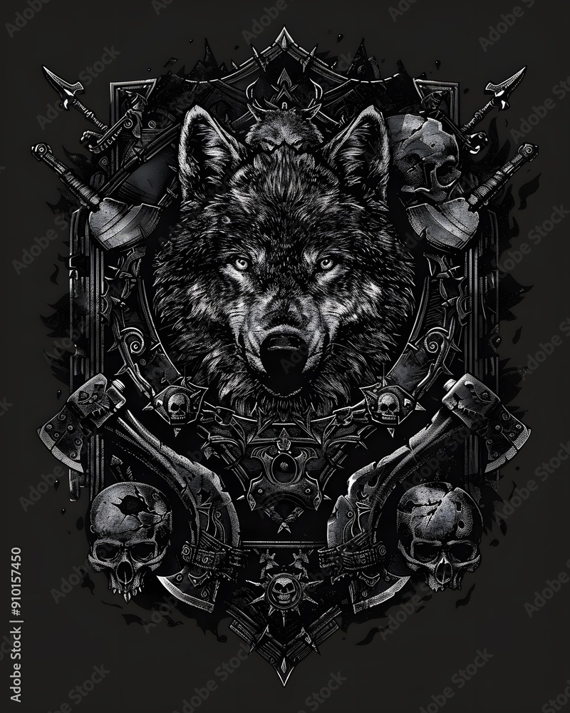 Fototapeta A fierce wolf’s head above a shield with a smaller wolf, flanked by axes and skulls on a starry backdrop. The design exudes strength and mystique, blending elements of nature and warrior symbolism.