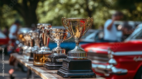Trophies glint in the sunlight during a classic car show, showcasing awards for various entries amidst colorful vintage cars.