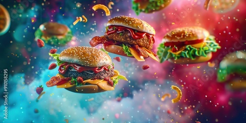 Colorful Floating Burgers with Toppings. Generative ai