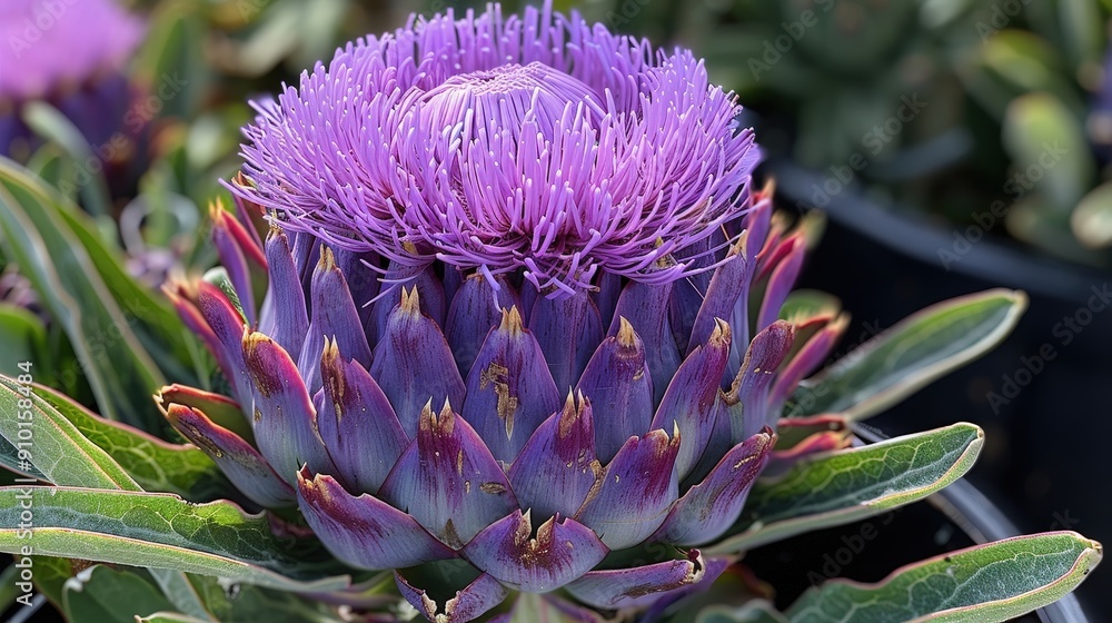 A vibrant purple artichoke flower blooms amidst green leaves, showcasing its intricate petals under bright sunlight in a flourishing garden A vibrant purple artichoke flower blooms amidst green leaves, showcasing its intricate petals under bright sunlight in a flourishing garden