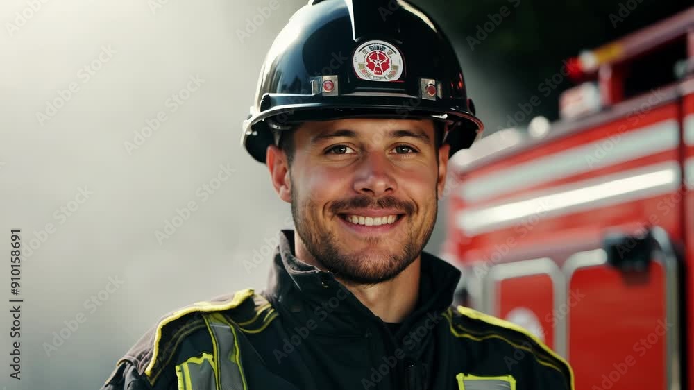 Handsome firefighter standing next to a fire engine or fire truck in the fire station, he is confidently looking at camera and smiling. Slow motion. Handsome firefighter standing next to a fire engine or fire truck in the fire station, he is confidently looking at camera and smiling. Slow motion.