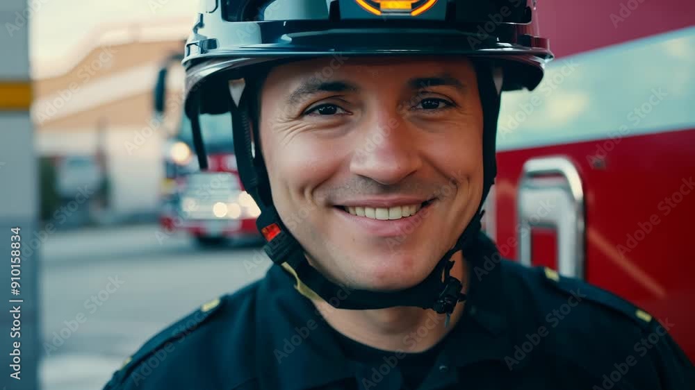 Handsome firefighter standing next to a fire engine or fire truck in the fire station, he is confidently looking at camera and smiling. Slow motion. Close up. Handsome firefighter standing next to a fire engine or fire truck in the fire station, he is confidently looking at camera and smiling. Slow motion. Close up.