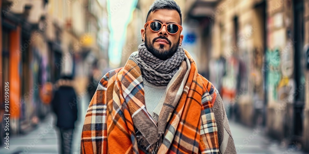 Stylish Man in Plaid Outfit and Sunglasses on City Street. Generative ai Stylish Man in Plaid Outfit and Sunglasses on City Street. Generative ai