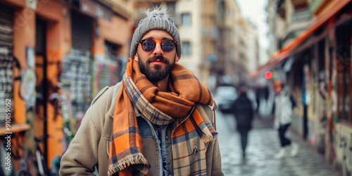 Stylish Man in Plaid Outfit and Sunglasses on City Street. Generative ai