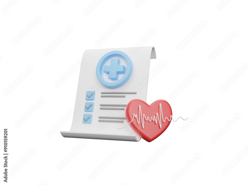 Health insurance document with crosses icon and heart rate on transparent background, Healthcare medical insurance business concept. Health, medical checkup. 3d rendering illustration Health insurance document with crosses icon and heart rate on transparent background, Healthcare medical insurance business concept. Health, medical checkup. 3d rendering illustration
