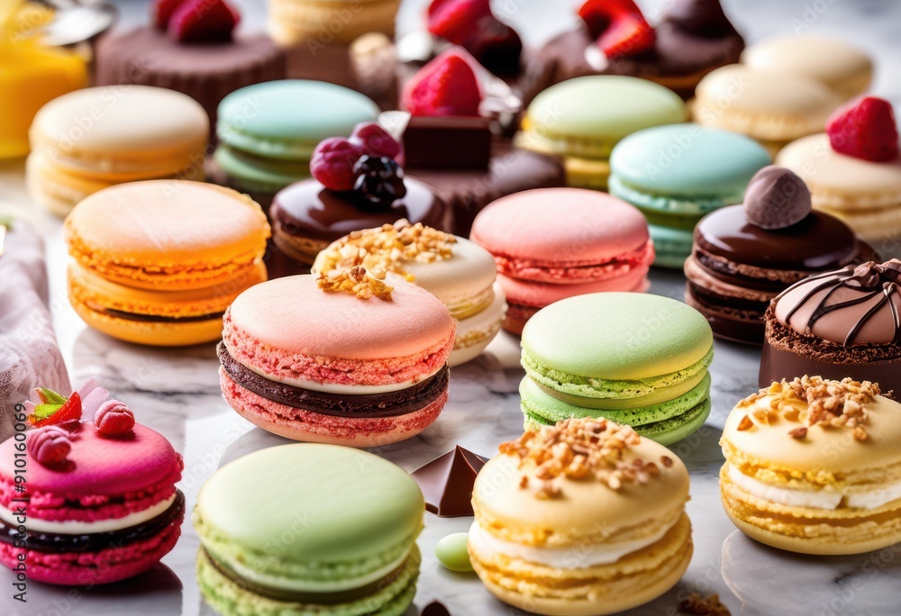 Obraz premium exquisite display colorful pastries desserts elegantly arranged smooth marble surface, arrangement, backdrop, baking, cake, candy, chocolate, confection
