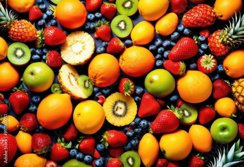 vibrant fruit explosion displayed decorative background featuring bright colors lively patterns, tropical, citrus, berries, apples, oranges, bananas, kiwi