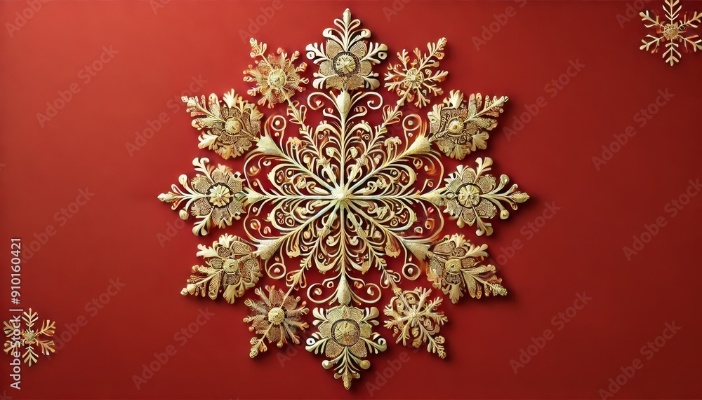 Intricate golden snowflake ornament on a red background, showcasing detailed craftsmanship Intricate golden snowflake ornament on a red background, showcasing detailed craftsmanship