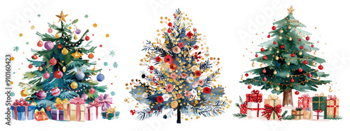 Vibrant watercolor set of three different Christmas trees, each beautifully decorated with ornaments and surrounded by gift boxes. Colorful Christmas Trees with Gifts Watercolor Set


