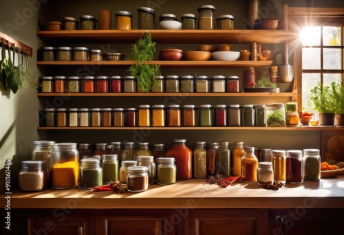 colorful spice containers neatly arranged bright kitchen displaying variety shapes sizes culinary inspiration, organization, vibrant, arrangement, shelf, jar