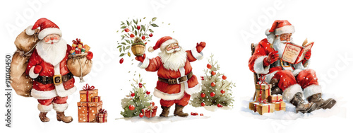 A delightful series of watercolor illustrations depicting Santa Claus in different festive poses, each scene filled with gifts and holiday cheer. Watercolor Santa Claus in Various Festive Poses

