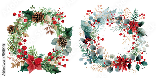 A pair of beautifully detailed watercolor Christmas wreaths adorned with pine cones, holly berries, and lush greenery. Watercolor Christmas Wreaths with Festive Decorations

