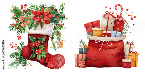 Festive watercolor illustration showcasing a Christmas stocking filled with gifts and a Santa's bag overflowing with wrapped presents. Christmas Stocking and Santa's Bag Watercolor Illustration

