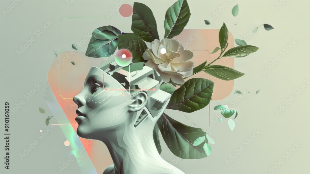 Φωτογραφία Digital abstract Illustration of a Female Face in a Cloud of Leaves and Flowers