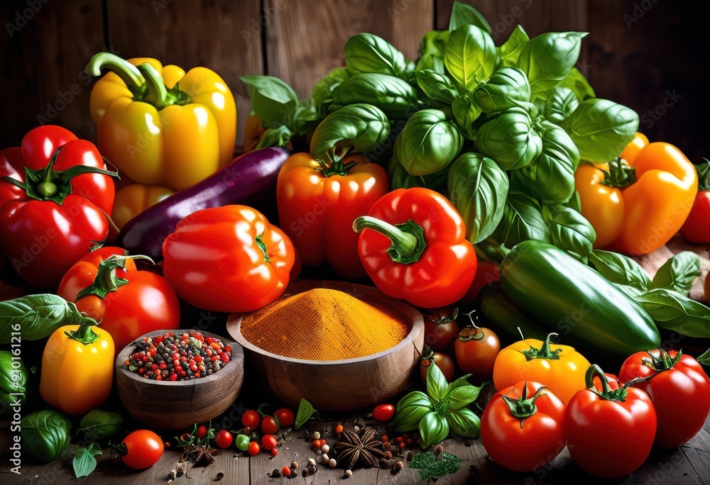 vibrant close fresh colorful ingredients displayed rustic wooden backdrop culinary inspiration, vegetables, herbs, spices, fruits, peppers, tomatoes vibrant close fresh colorful ingredients displayed rustic wooden backdrop culinary inspiration, vegetables, herbs, spices, fruits, peppers, tomatoes