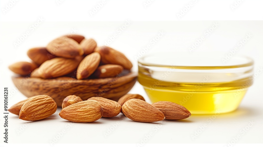 Almond milk oil and plsnts, on white background, Almond milk oil and plsnts, on white background,