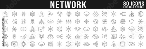 Big set of network related line icons. Connection, internet, communication, teamwork, access etc. Editable stroke
