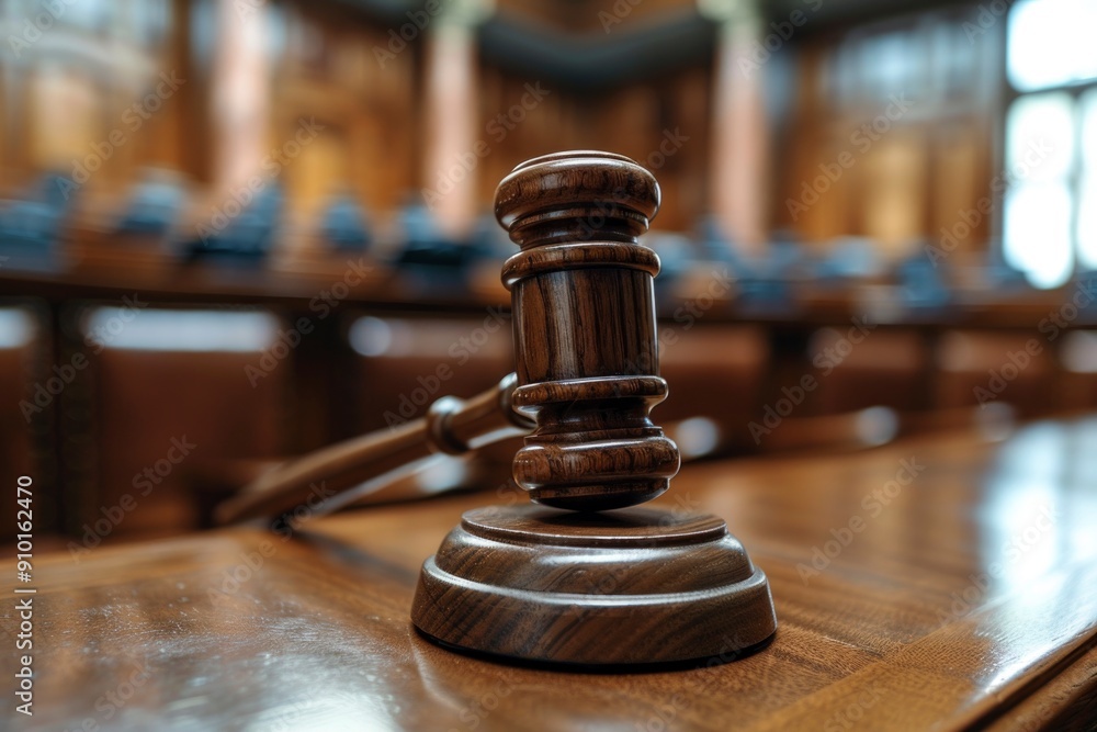 a bronze gavel resting on a wooden bench. against the backdrop of a courtroom with elegant curtains and soft lighting. the scene represents authority and impartiality. the concept of justice and law a bronze gavel resting on a wooden bench. against the backdrop of a courtroom with elegant curtains and soft lighting. the scene represents authority and impartiality. the concept of justice and law