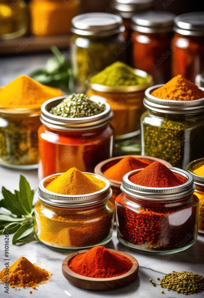 colorful collection vibrant spices clear jars displayed polished marble surface rich textures natural light, herbs, seasonings, container, kitchen, food colorful collection vibrant spices clear jars displayed polished marble surface rich textures natural light, herbs, seasonings, container, kitchen, food