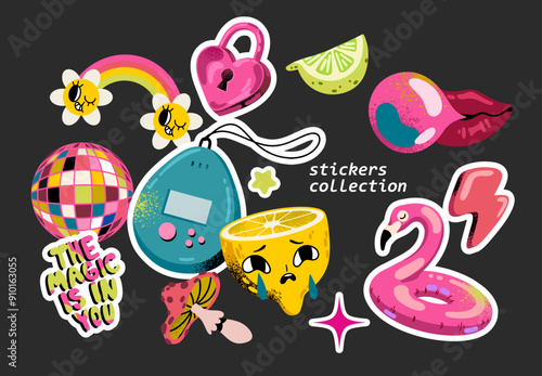 Collection of trendy retro stickers. Tamagotchi, gum, lemon, rainbow. Groovy hipster 90s style stickers. Vector set isolated background