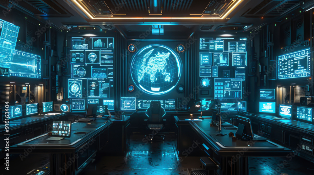 Futuristic digital courtroom with holographic displays. Courtroom with neon blue projections. Holographic projections of Lady Justice and interactive elements convey cutting-edge technology Futuristic digital courtroom with holographic displays. Courtroom with neon blue projections. Holographic projections of Lady Justice and interactive elements convey cutting-edge technology