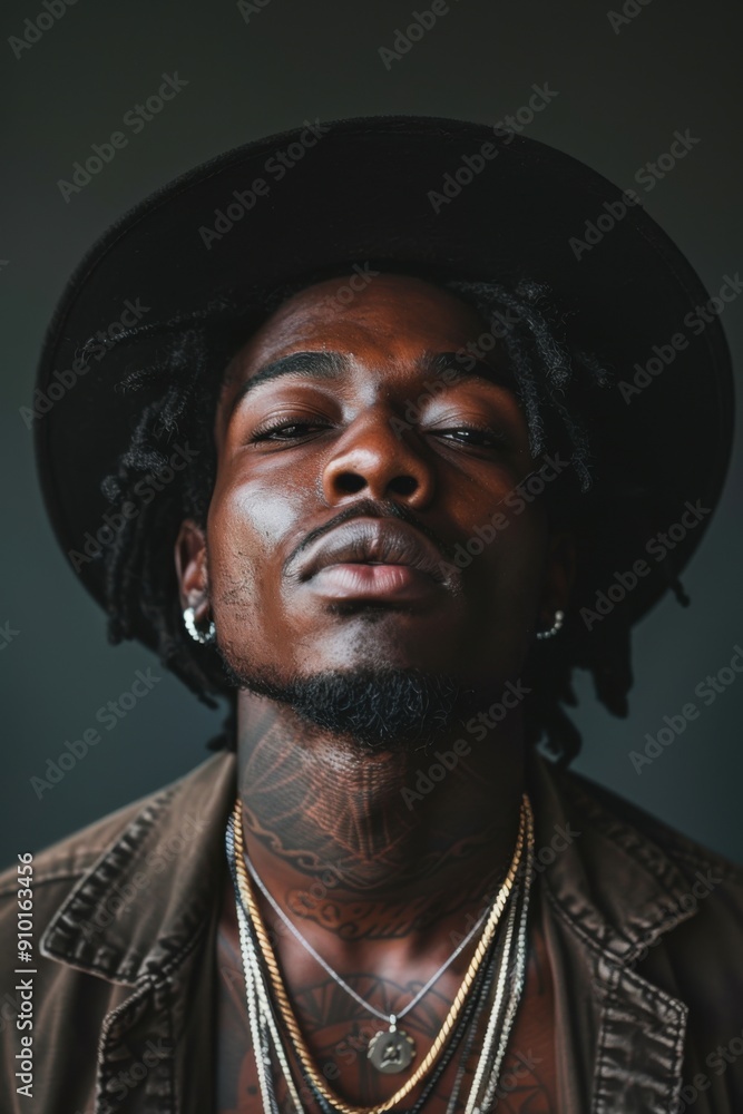 Fototapeta premium African american man with tattoos and hat in dramatic lighting and black shirt.