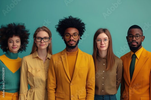 Diverse group in color-coordinated outfits on teal background photo