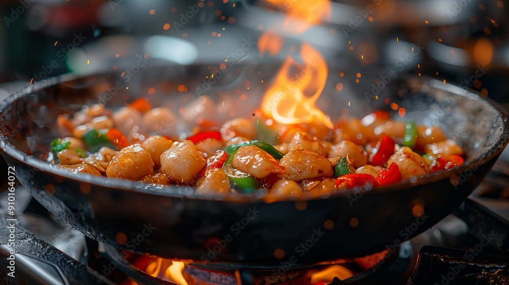 Sizzling Stir-Fry Cooking Peppers and Chicken in a Wok Over High Heat Sizzling Stir-Fry Cooking Peppers and Chicken in a Wok Over High Heat