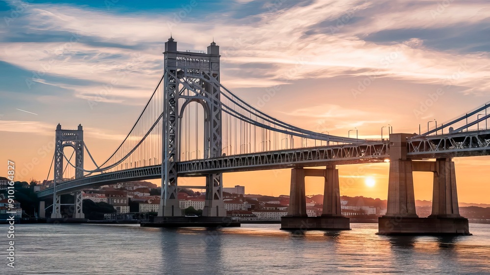 Obraz premium Breathtaking view of the iconic Golden Gate Bridge during sunset, with the sky painted in hues of orange and the bridge's silhouette standing out against the vibrant backdrop.