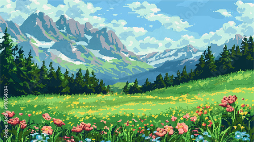 art of summer landscape vector. Mountains in background. Generative AI.