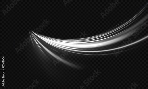 White shiny sparks of spiral wave. Curved bright speed line swirls. Shiny wavy path. Magic golden swirl with highlights. Glowing swirl bokeh effect. vortex, light, effect, white, lines, abstract