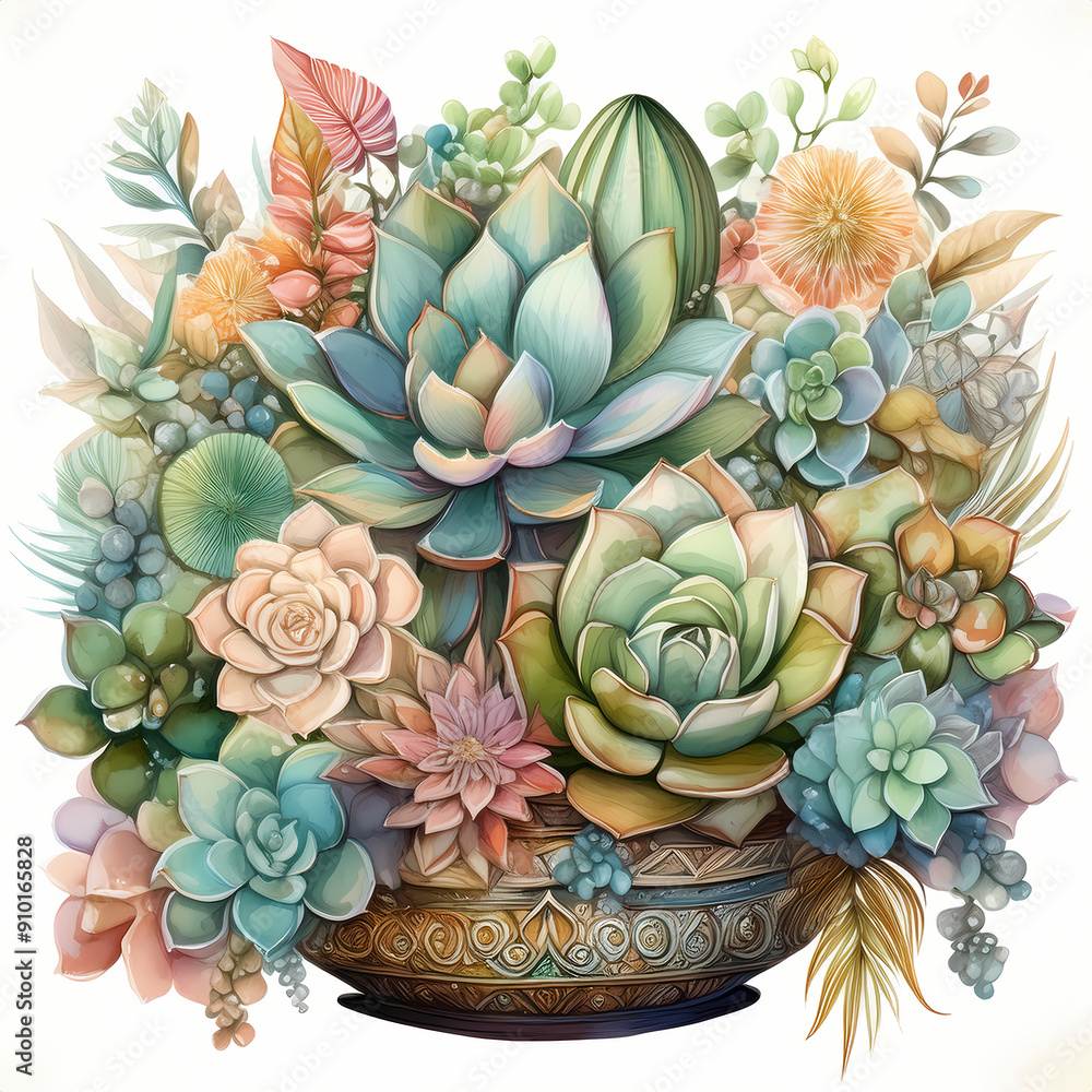 succulents in a garden, isolated on white background, watercolor illustration succulents in a garden, isolated on white background, watercolor illustration