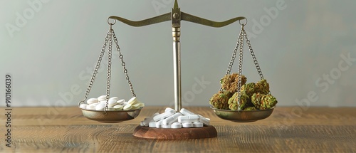 Balancing scales with pills on one side and cannabis buds on the other Weighing medical options