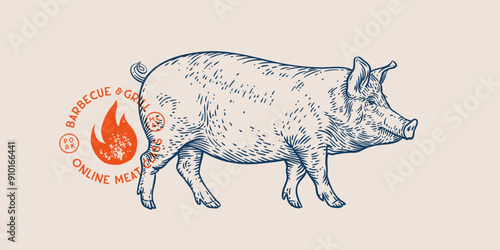 Pork, pig, hog, meat tag label. Template Meat Tag Label. Vintage print, tag, label farm pig sketch ink pencil style drawing. Butchery, pork pig farm, meat shop, text, typography. Vector Illustration