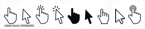 High resolution computer mouse cursor click icon set. arrow & hand shape cursor pointers in pixel, outline, fill styles