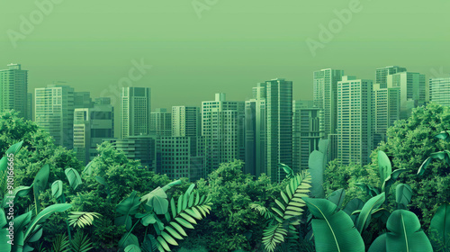 Green cityscape with modern skyscrapers covered in lush vegetation. 